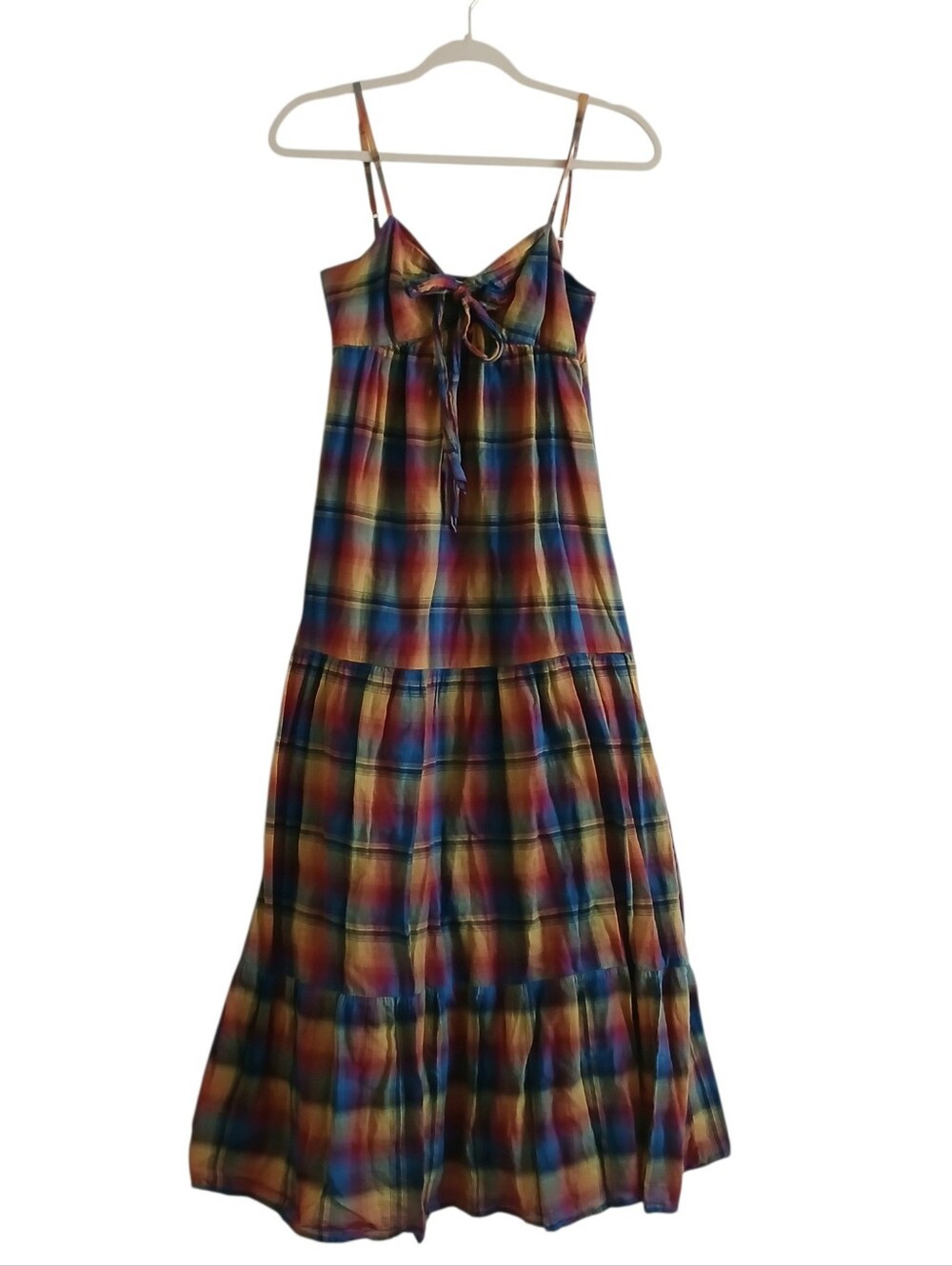 VINTAGE Y2K 100% Cotton Madras Plaid Maxi Dress Women's S Tiered Lined Smocked
